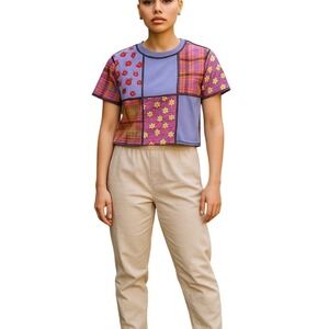 The Ragged Priest Patchwork Crop Top Floral Plaid Print Purple M Retro Remix Y2K